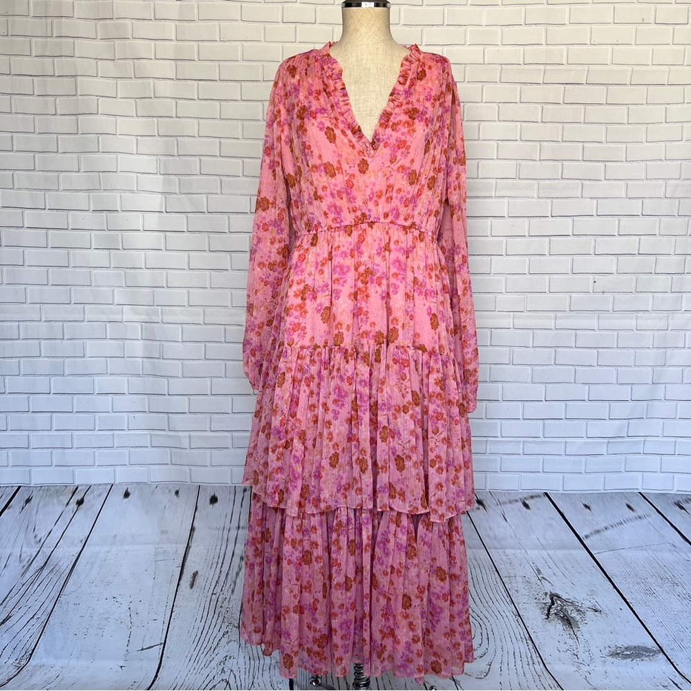 BY TIMO Daydream Floral Pleated Long Sleeve Midi Dress Button Down V Neck Medium
